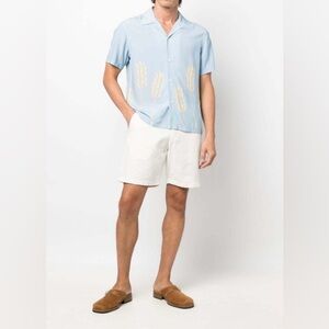 Sandro Pale Blue Short-Sleeve Camp Collar Shirt with Cream Wheat Motif, L